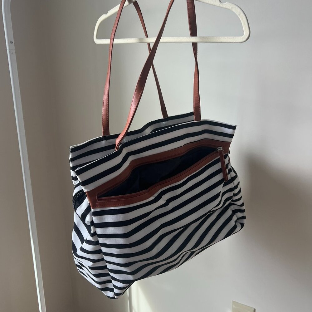 Striped Tote Bag with Brown Handles